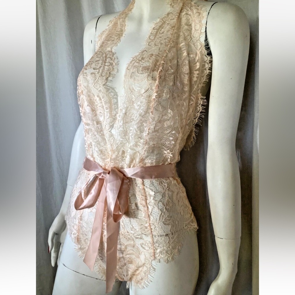 Lace Satin-Tie Teddy Bodysuit in Blush